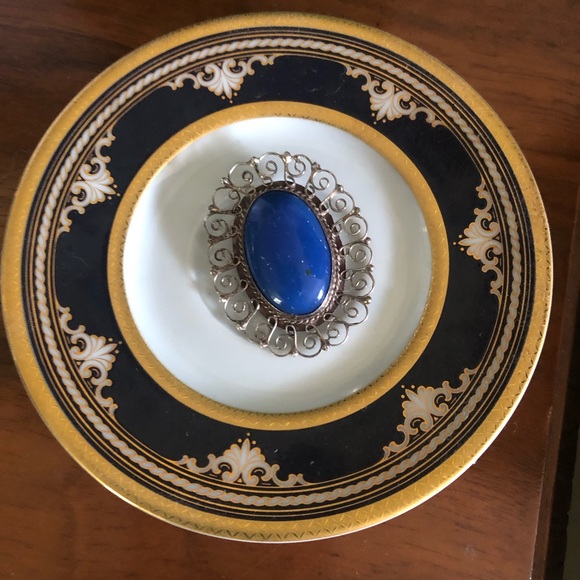 Large Vintage Blue Lapis Sterling Silver Brooch Pendant - Picture 6 of 10